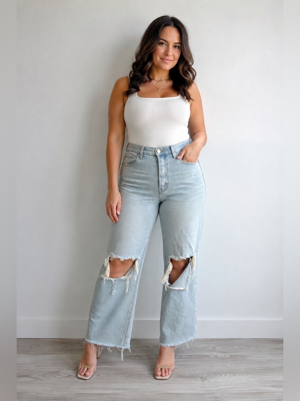 CELLO High Rise Distressed Jeans Light Wash Wide Leg Frayed Hem